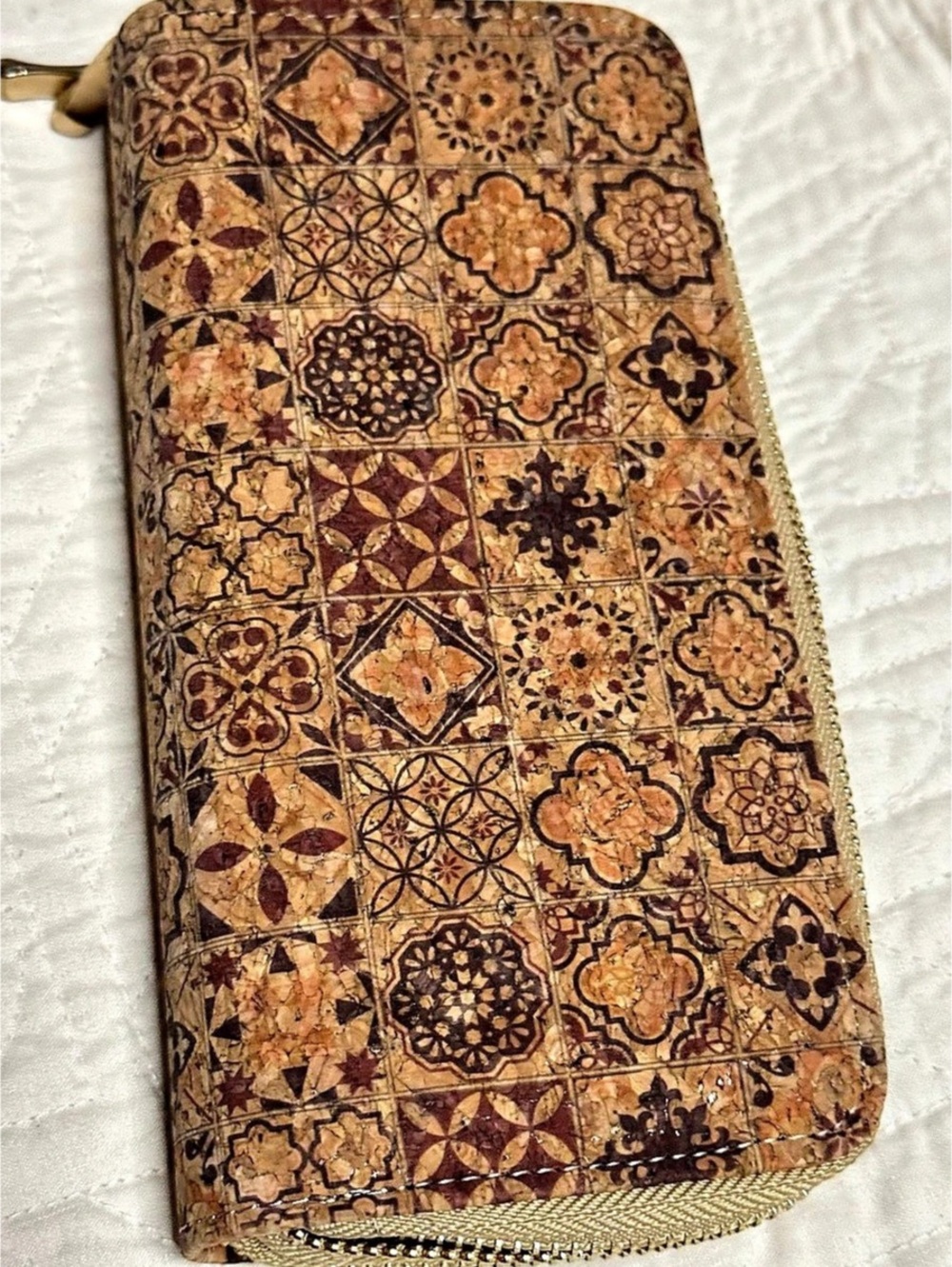 Geometric Zip Wallet in Brown & Black Cork material